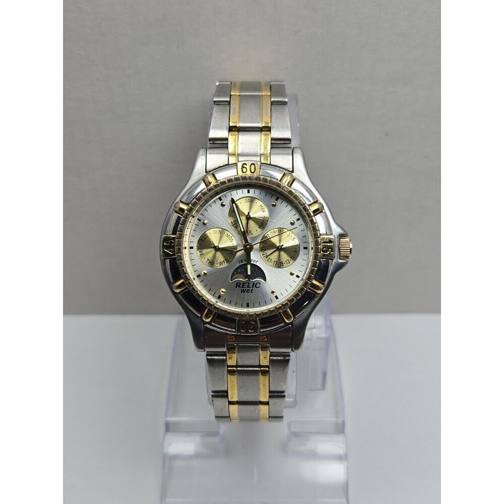 Vintage Relic Wet Mens Moon Phase Calendar Two Tone Stainless Quartz New Battery